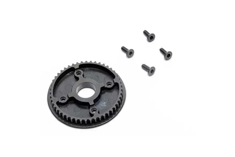 A black plastic RC helicopter tail pulley gear shown alongside four small metal socket head screws against a white background.
