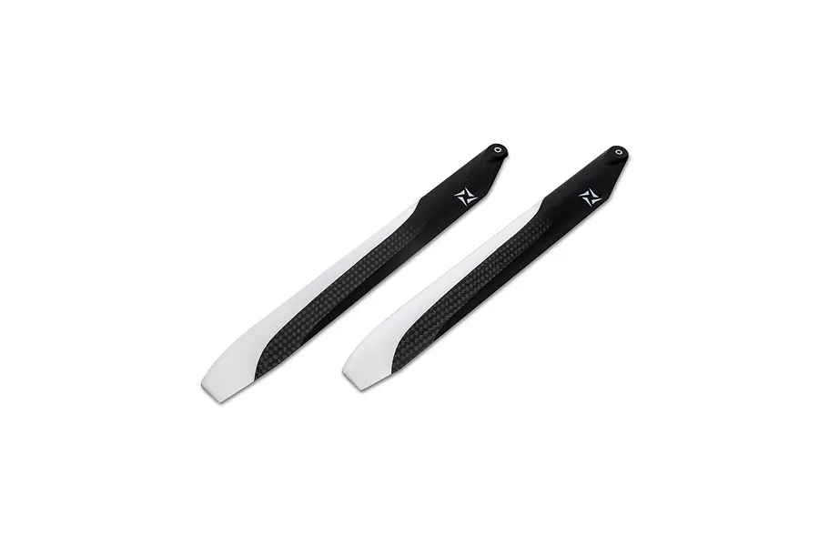 Two black and white carbon fibre main rotor helicopter blades with mounting holes against a white background.