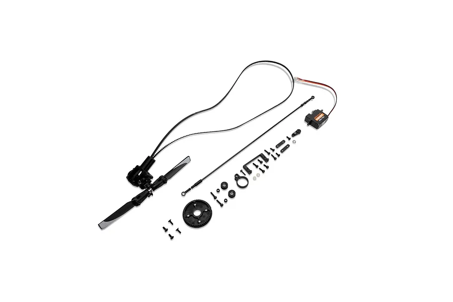 Studio product photo of the Blade Belt Conversion Kit including tail rotor assembly, drive belt, gear, linkage rod, hardware, and servo.