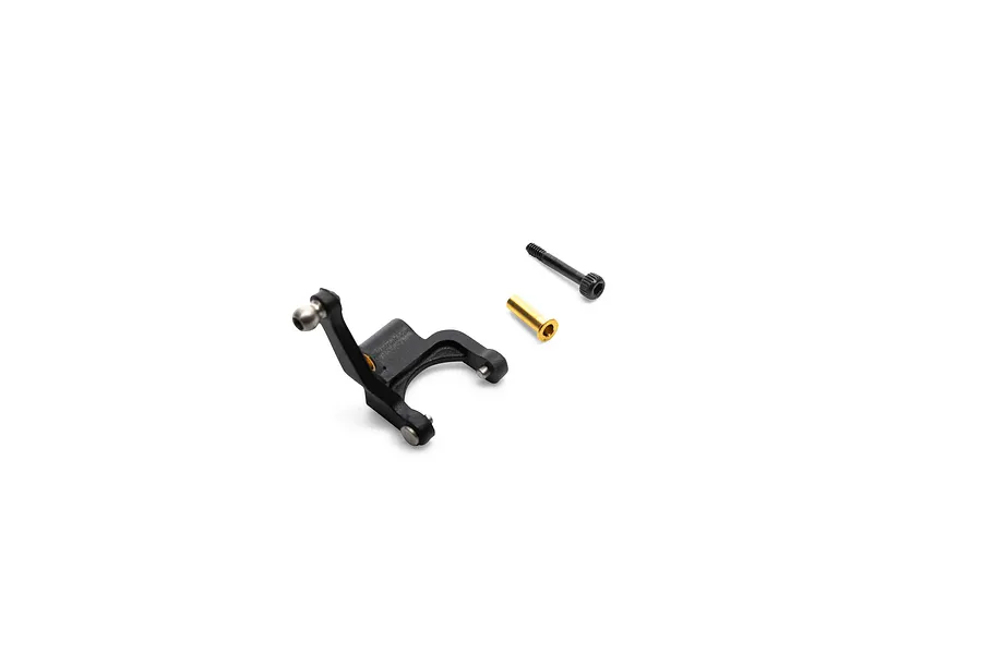 Blade pitch slider bell crank with metal bushing and screw on a plain white background.