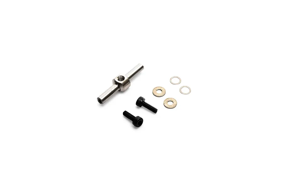 Studio shot of a silver metal tail rotor hub assembly with screws and washers against a white background.