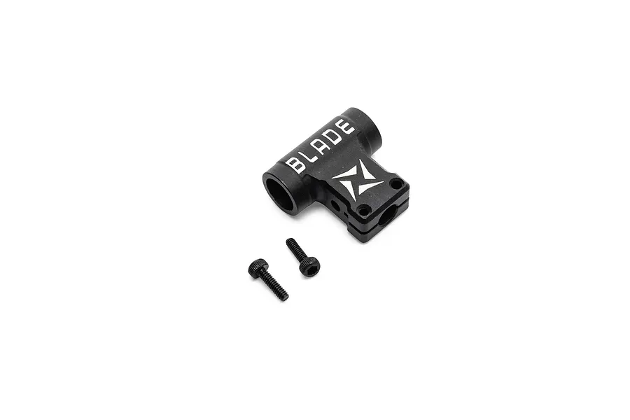 Blade black main rotor headblock with white logo text and two mounting screws on a white background.