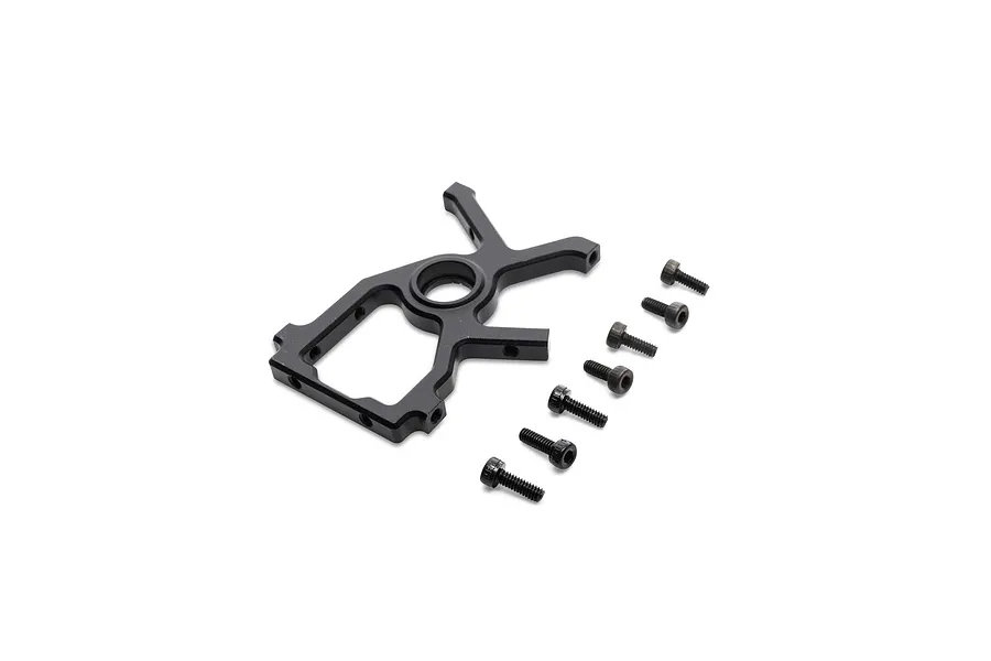 Black aluminium upper bearing block servo mount with six matching black socket head screws on a white background.