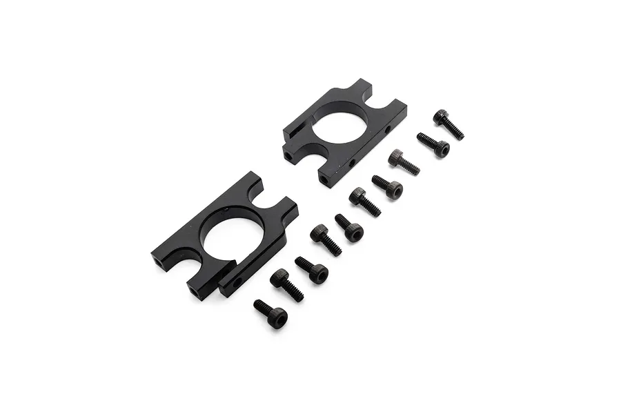 Two black aluminium boom clamps and eight matching socket head screws displayed on a clean white background.