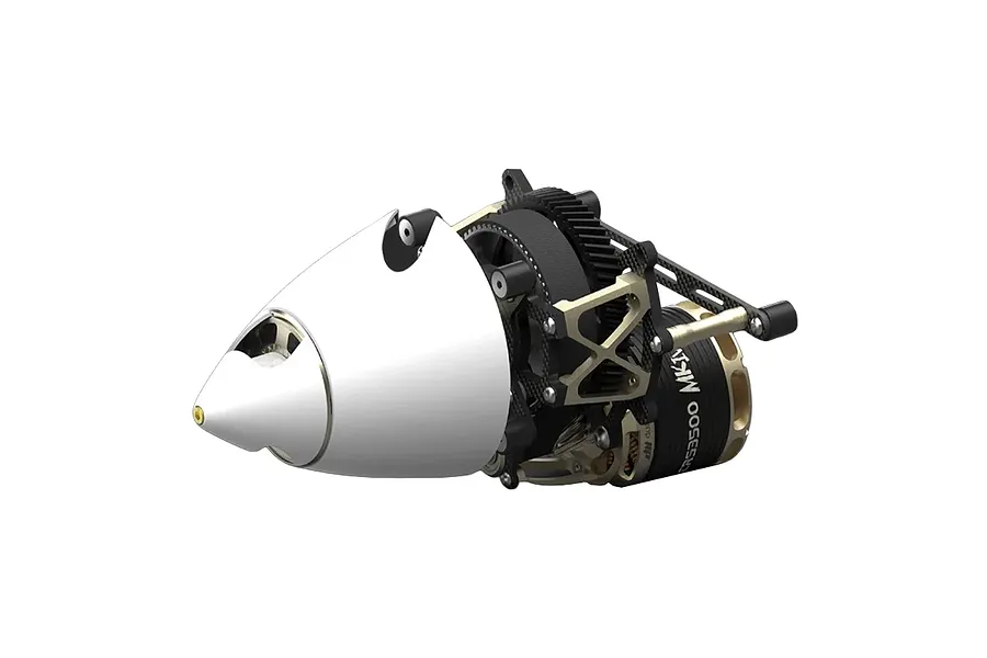 Dualsky CRS3500.11 Mk IV contra-rotating brushless motor with white spinner on a plain white background.