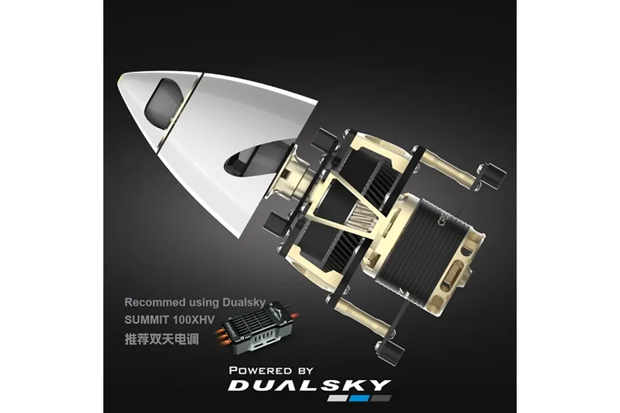 Exploded view diagram of Dualsky CRS3500.11 Mk IV Contra Rotating brushless motor system with spinner and ESC.