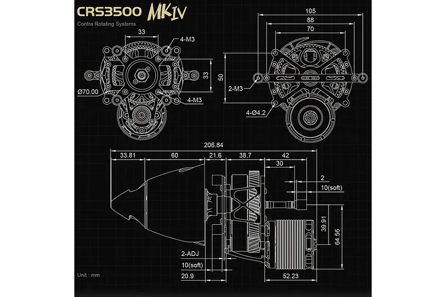 Technical dimension diagram of the Dualsky CRS3500.11 Mk IV Contra Rotating motor showing front, rear, and side schematics.