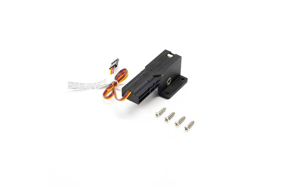 E-Flite 90-degree main gear retract unit with attached servo wires and four mounting screws on a white background.