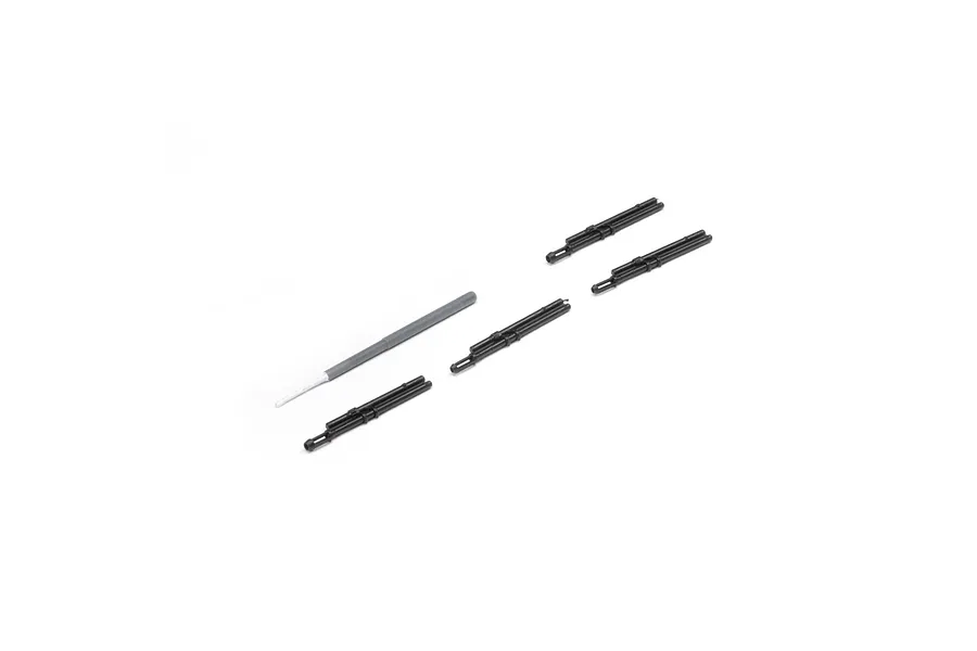 E-Flite plastic detail set including small black scale weapon parts and a grey and white rod on a white background.