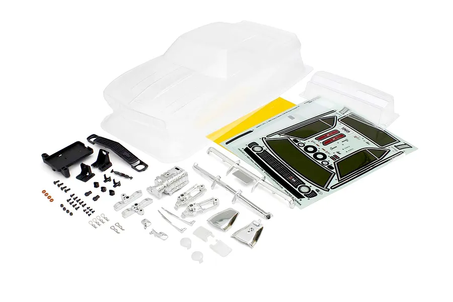Unpainted clear RC car body shell with a decal sheet, chrome engine parts, mirrors, bumpers, and hardware on a white background.