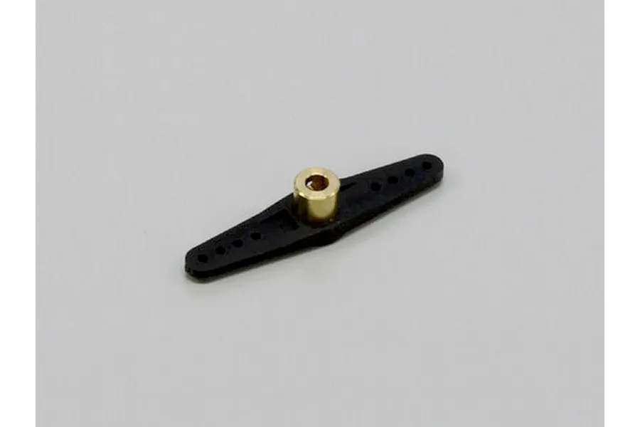 Kyosho rudder horn featuring a black plastic dual-arm linkage with adjustment holes and a central brass bushing on a plain background.