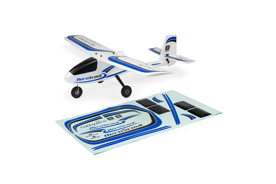 Hobbyzone AeroScout RC airplane shown with its matching blue and black decal sheet on a white background.