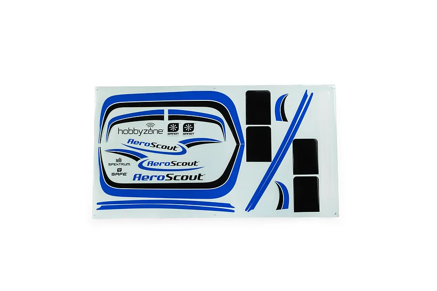 Hobbyzone AeroScout blue decal sheet featuring brand logos, graphics, and text on a white background.