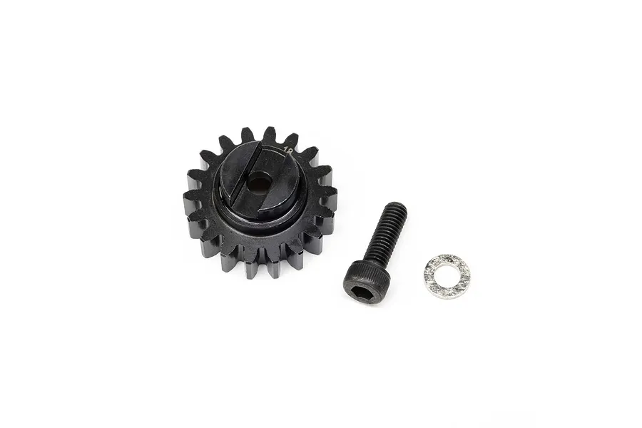 Losi steel 18-tooth pinion gear with a black finish, alongside a socket head screw and washer on a white background.