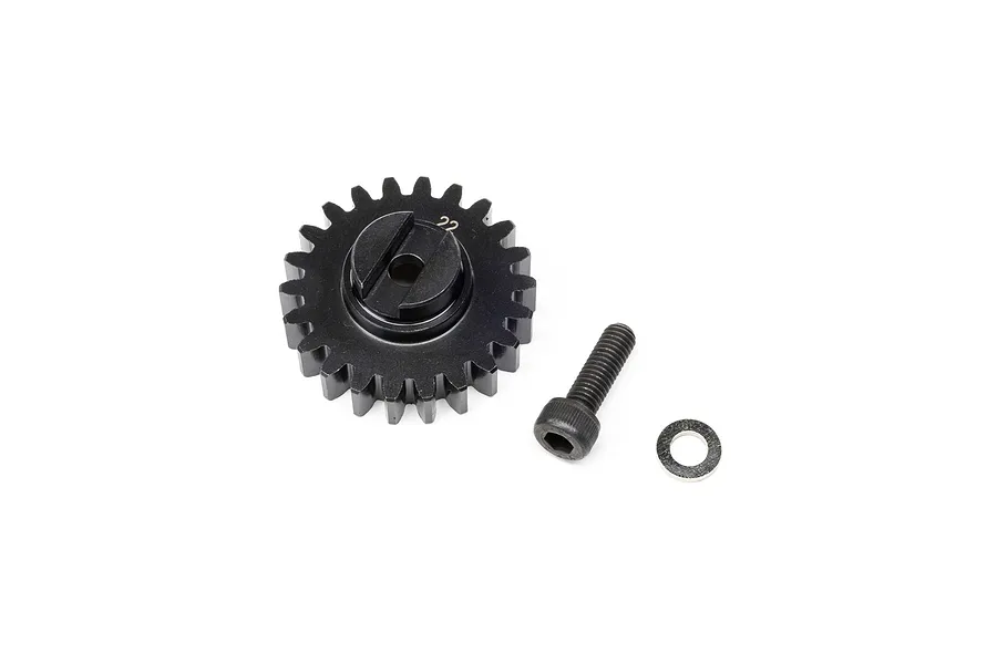 Losi steel 22 tooth 1.5Mod pinion gear with mounting screw and washer on white background.