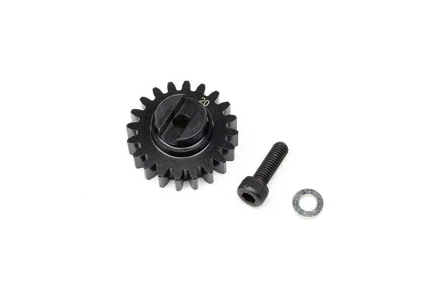 Losi steel 20T pinion gear with mounting screw and washer on a clean white background
