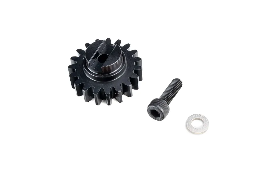 Losi steel pinion gear with included socket head screw and flat washer on a clean white background.
