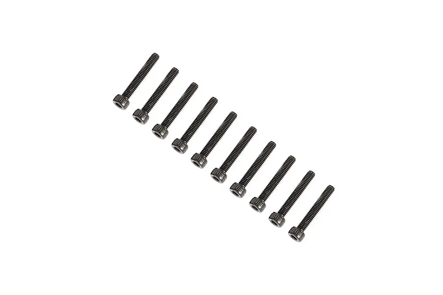 Ten dark metal cap head screws arranged in a diagonal line against a plain white background.