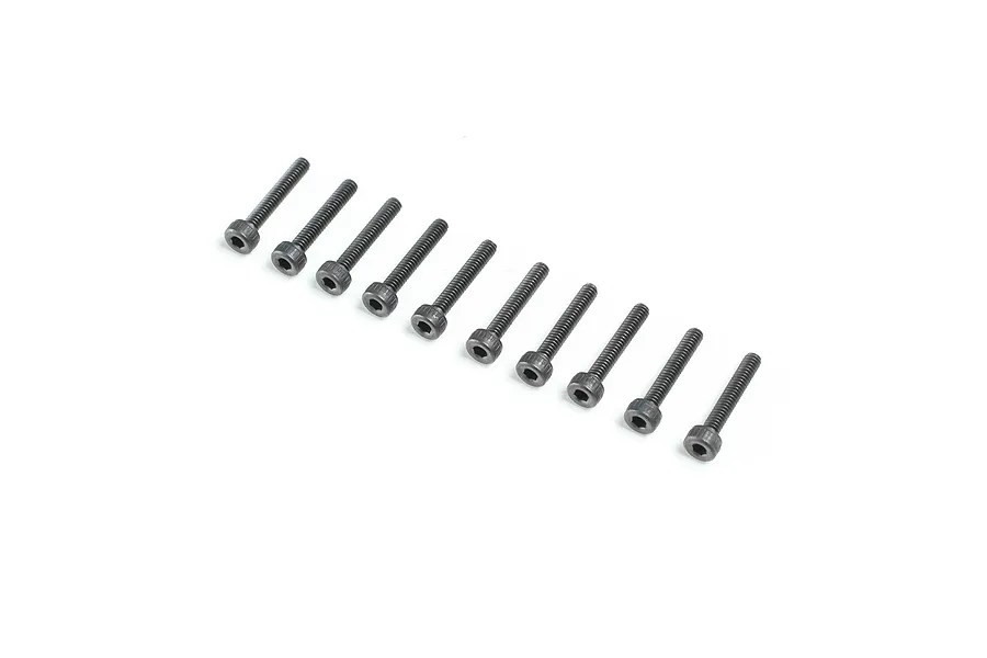 Ten dark metal cap head socket screws arranged in a diagonal row on a white background.