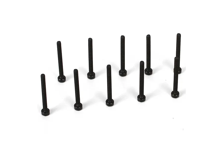 Ten black cap head screws arranged on a clean white background in a studio product shot.