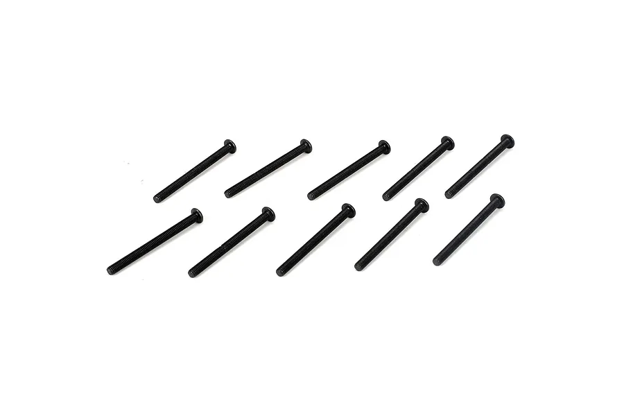 Ten black metal button head screws arranged in two parallel rows on a plain white background.