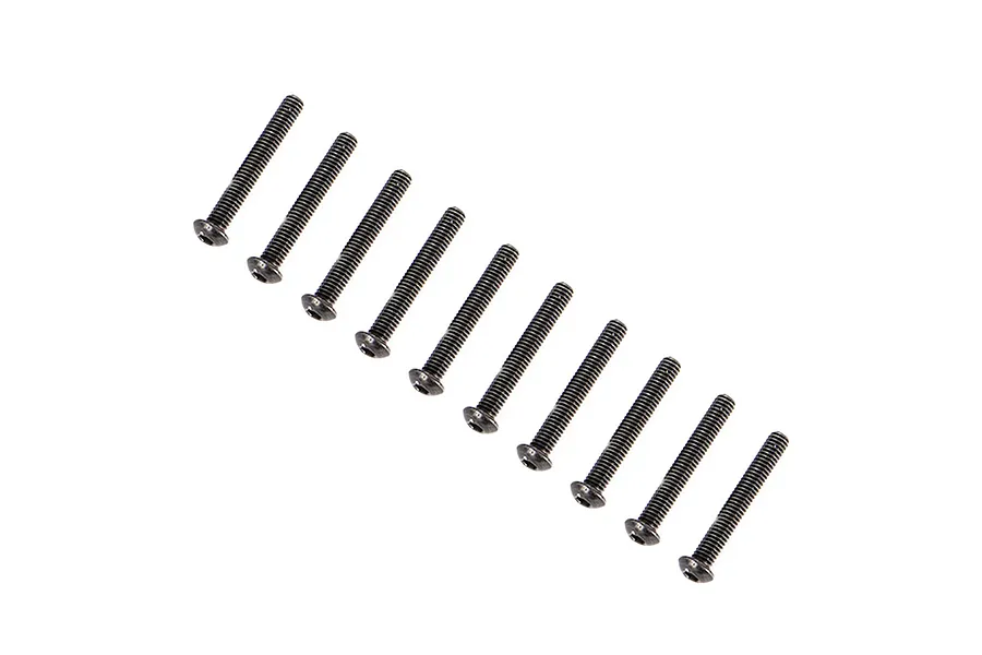 Ten black button head RC screws arranged in a diagonal line on a plain white background.