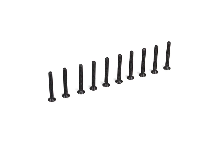 Ten black countersunk head screws lined up diagonally against a plain white background.