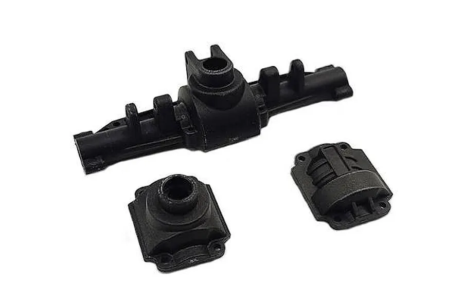 Hobby Plus V2 rear portal axle housing components in black plastic on a plain white background.