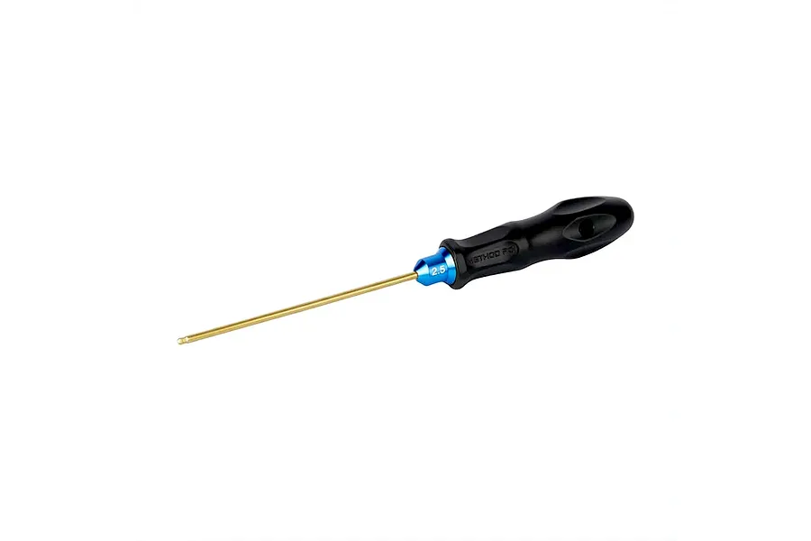 Method RC 2.5mm titanium-coated ball hex driver with a black handle and blue collar against a white background.