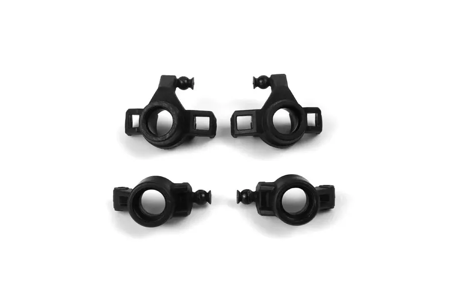 BlackZon steering hubs and hub carriers set consisting of four black molded plastic RC car components on a white background.
