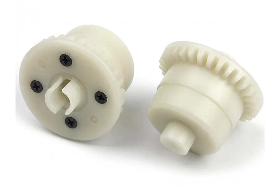 Two off-white plastic RC car differential assemblies featuring integrated gear teeth and four black screws on a clean white background.