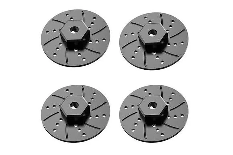 Set of four black metal wheel adapters with scale brake rotor design for UDI RC models.