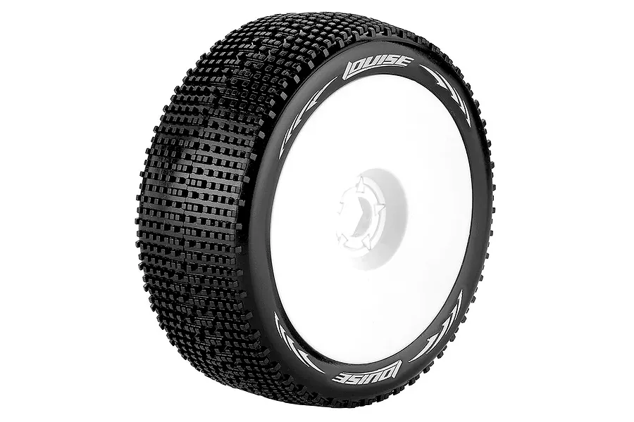Louise 3.3-inch B-Groove pin tread RC buggy tyre mounted on a white dished wheel rim against a white background.