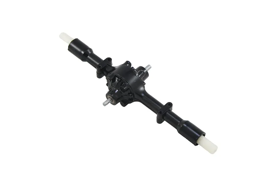 Studio product photo of a black WPL centre RC axle featuring dual input/output shafts and white axle ends.