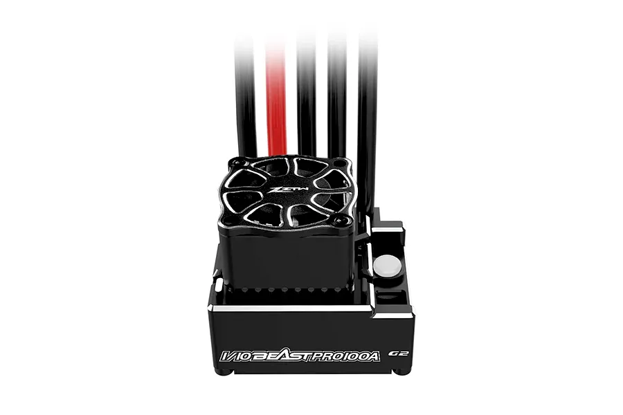 Studio product shot of the ZTW Beast Pro G2 Mini 100A Sensored Brushless ESC with cooling fan and power wires.