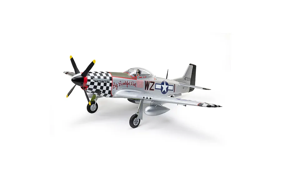 E-Flite P-51D Mustang Big Beautiful Doll RC fighter plane shown in a studio setting against a white background.