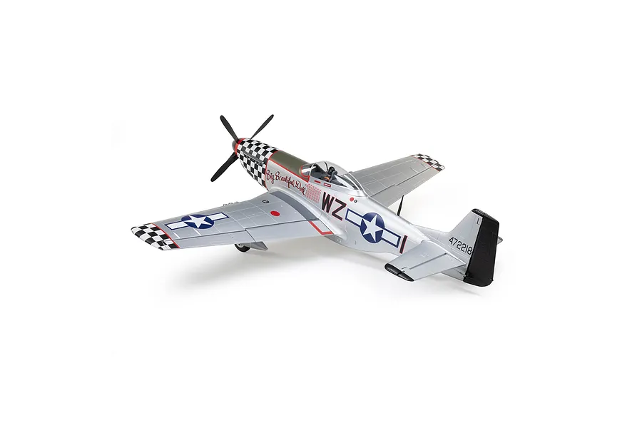 High-angle studio shot of the E-Flite P-51D Mustang Big Beautiful Doll RC fighter plane on a white background.