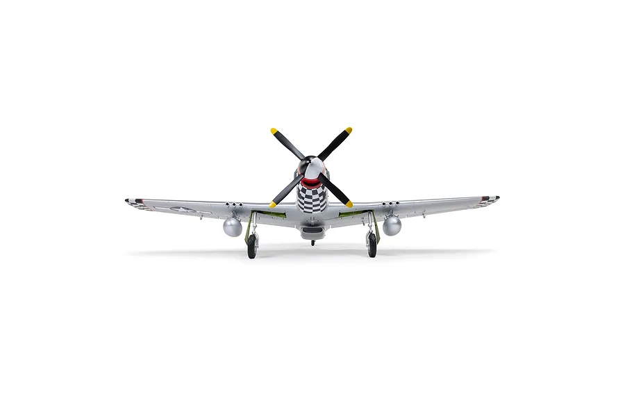 Front-on studio shot of the E-Flite P-51D Mustang RC airplane, showing its silver finish, checkerboard nose cowl, and four-blade propeller.