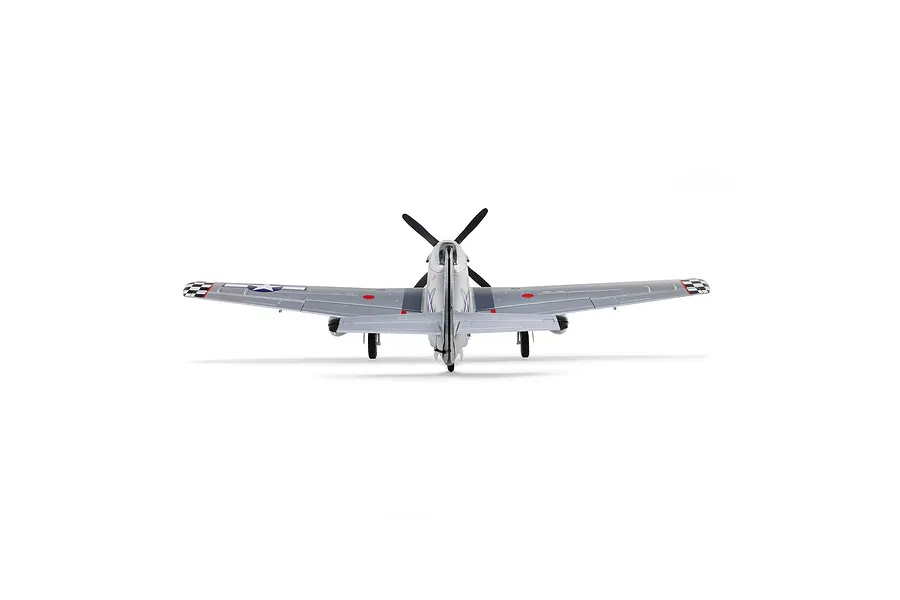 Rear-on studio view of the E-Flite P-51D Mustang RC airplane, showing the tail, wings, and landing gear.