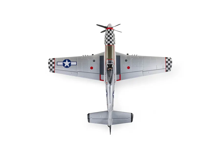 Top-down studio shot of the E-Flite P-51D Mustang RC fighter airplane model against a plain white background.