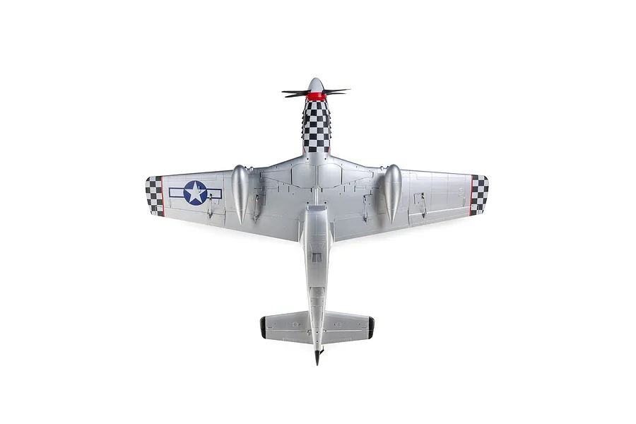 Top-down studio view of the E-Flite P-51D Mustang RC airplane, showing its silver finish and checkerboard nose.
