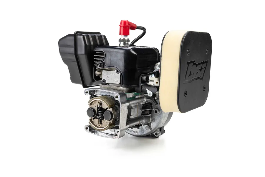 Studio product shot of a Losi FJ350 petrol engine featuring an air filter, clutch, and black muffler on a clean white background.
