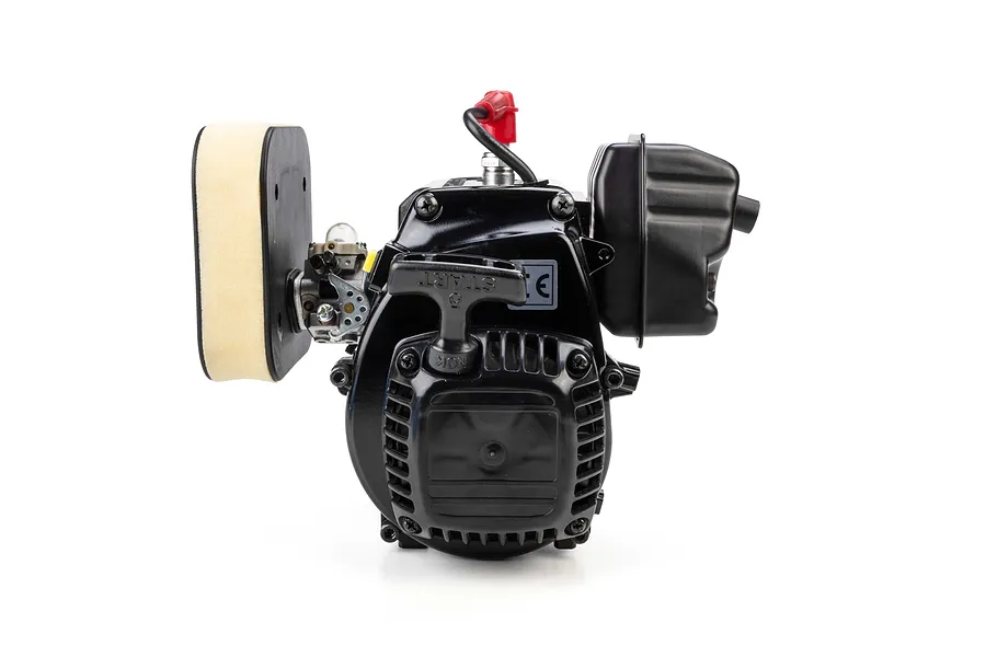 Losi FJ350 35.2cc petrol engine with pull starter, air filter, and muffler on white background