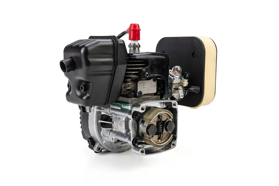Studio shot of a Losi FJ350 petrol engine featuring a black exhaust muffler, air filter, and clutch assembly against a white background.