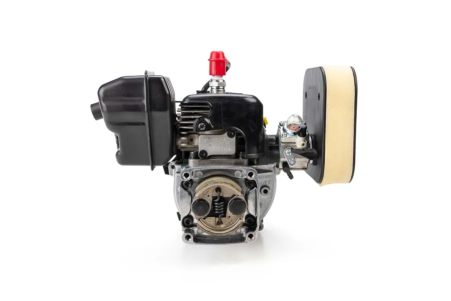 Losi FJ350 35.2cc petrol engine studio shot with air filter, clutch, and muffler against a white background.
