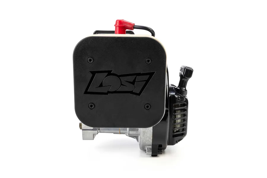 Losi FJ350 35.2cc petrol RC engine with black air filter cover featuring Losi logo, red spark plug boot, and pull starter.
