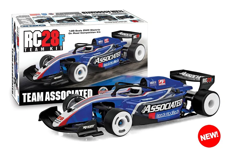 Team Associated RC28F Team Kit 1/28 scale 2WD electric RC car displayed in front of its product packaging box.