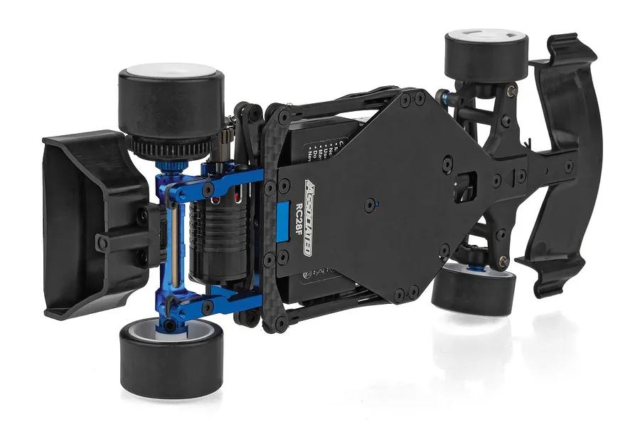 Top down studio view of the assembled carbon fiber chassis and rear pod of the Team Associated RC28F 1/28 scale RC car kit.