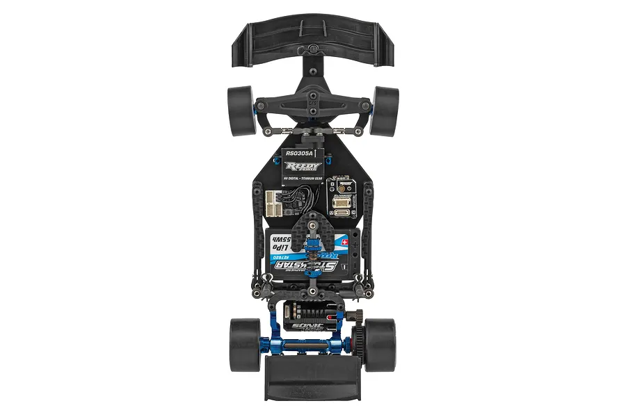 Top-down studio shot of the internal chassis layout of the Team Associated RC28F 1/28 scale electric RC car kit.