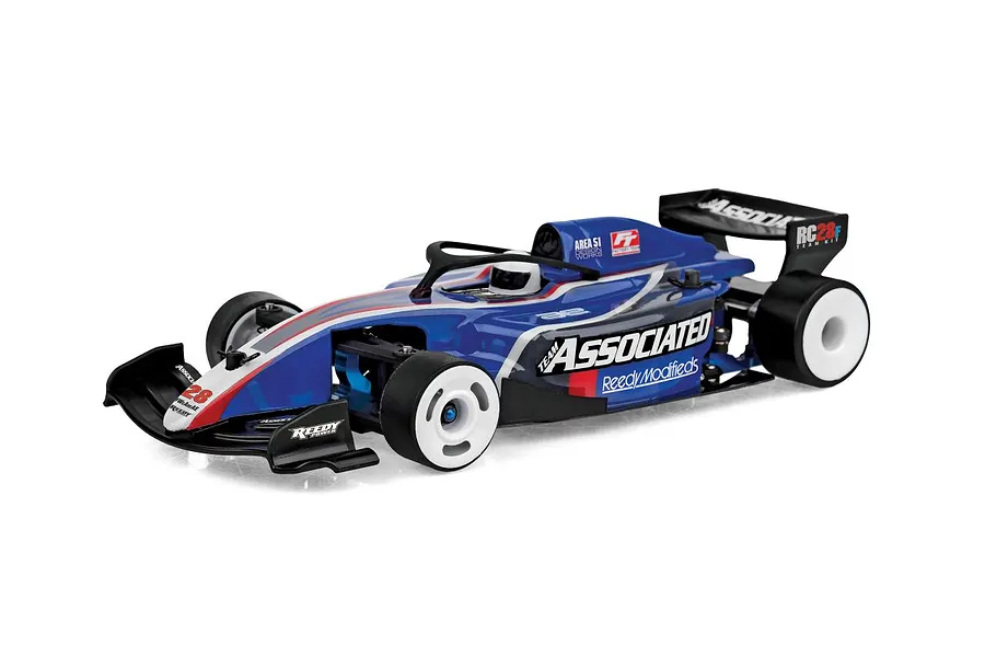 Team Associated RC28F Team Kit 1/28 scale electric RC formula car assembled with blue body and white wheels against a white background.